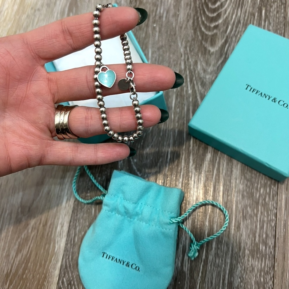 Tiffany & Co. Sterling Silver Bead Bracelet with Tiffany Blue Heart Charm